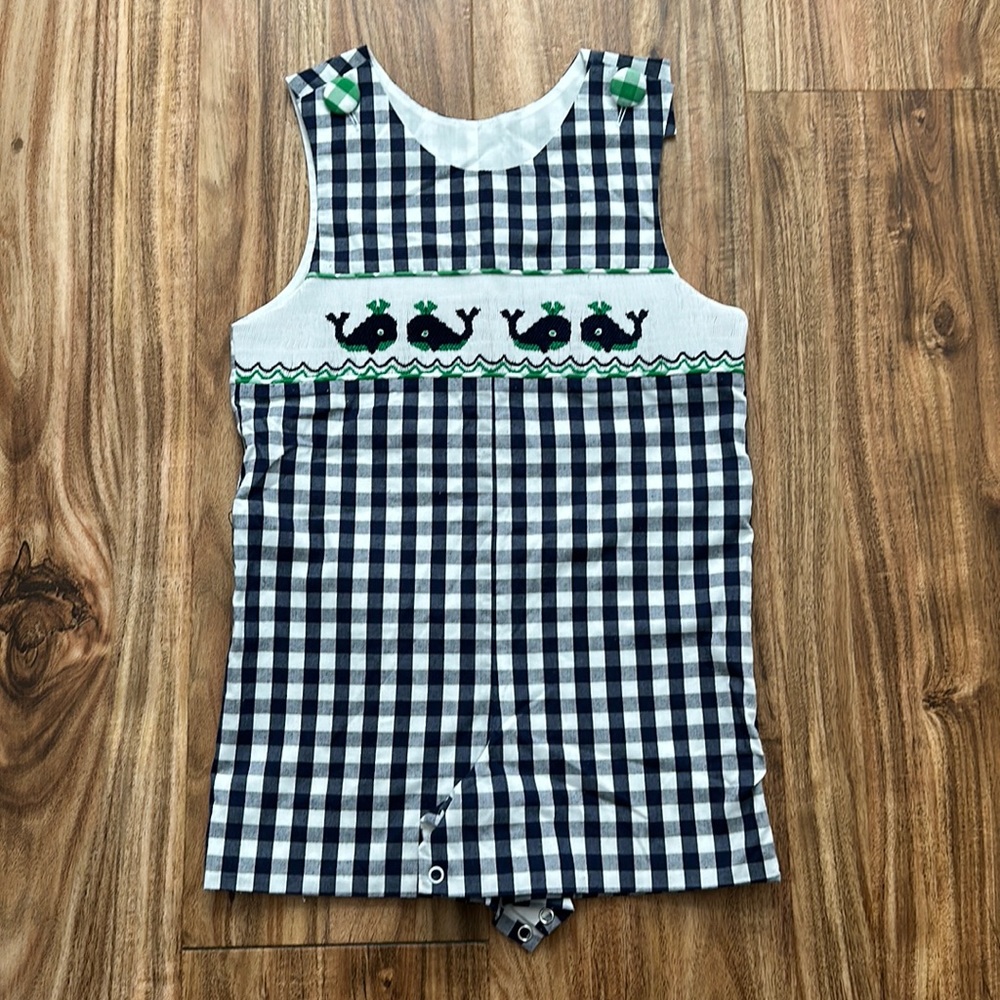 Shrimp & Grits Seersucker Whale Embroidered Jumpsuit - Navy - Size 3T